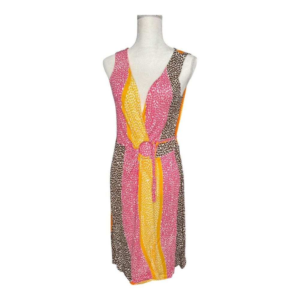 Trina Turk Dress Womens 6 Multicolor Animal Print Wrap V Neck Jersey Knee Length